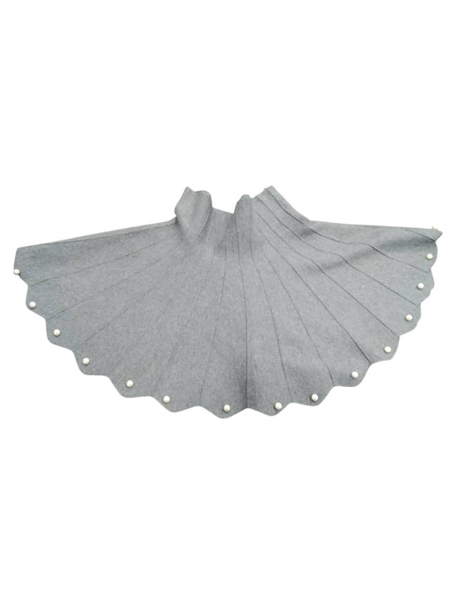 Elegant Grey Scalloped Pleated Midi Skirt with Pearl Trim