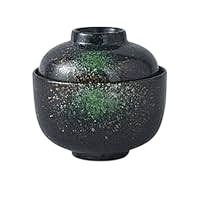 Japanese Tenmoku Style Lidded Ceramic Miso Soup Bowl – Black & Emerald Speckle