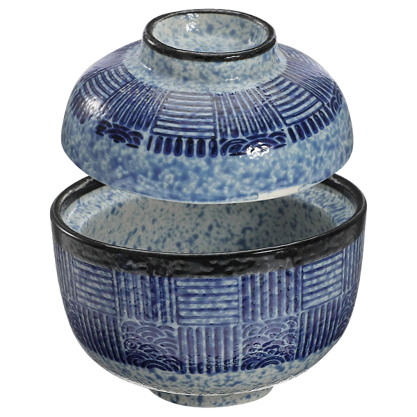 Traditional Japanese Blue & White Ceramic Lidded Miso Bowl