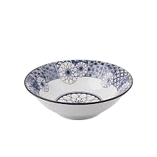 Japanese Rhyme Blues Ceramic Serving Bowl – Floral Medallion & Geometric Pattern