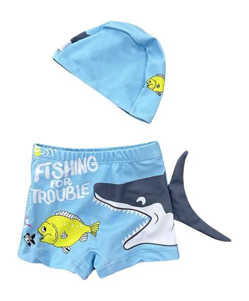 Little Boys Shark Swim Trunks with Cap Set